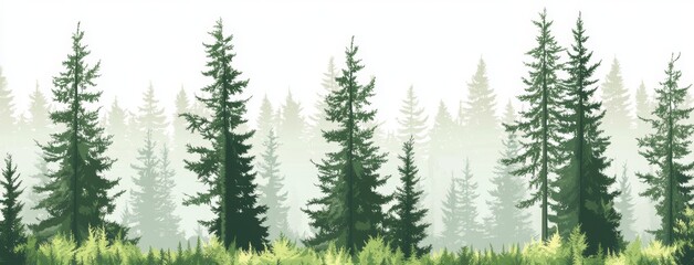 Modern watercolor illustration of forest trees with a panoramic view of pine trees
