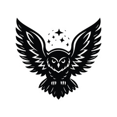 Majestic Owl with Wings Spread, Displaying Stars Symbolizing Wisdom and Guidance