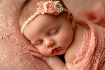 Generative AI image of a sleeping newborn baby in a cozy knitted outfit during a serene photo shoot