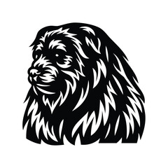 Graphic illustration of a fluffy dog head in black and white profile