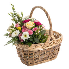 A small handmade woven basket for flowers isolated on a transparent background png