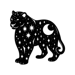 Celestial Jaguar Illustration Filled with Stars and Crescent Moon Design