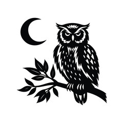 Silhouette of a Majestic Owl Perched on a Branch Under the Moonlit Sky