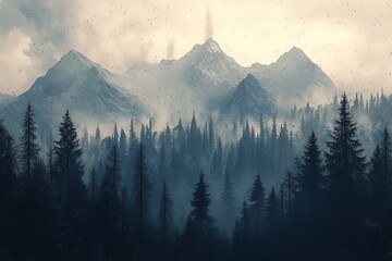 AI created a forest with tall trees, mystique, and a grim foggy background