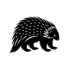 Silhouette of an adorable porcupine strolling across a white background in simplicity