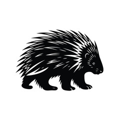 Monochrome Illustration of a Porcupine with Sharp Quills on a White Background