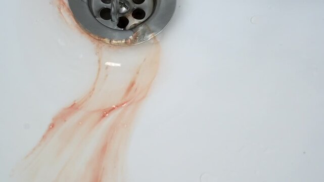 a man with sore teeth and gums brushes his teeth and spits blood into the sink.
Oral hygiene and blood running from the mouth down the ceramic sink into the drain.
Blood, dental, pain, sink, teeth