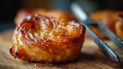 Kouign-amann caramelized surface close-up, pastry tongs nearby