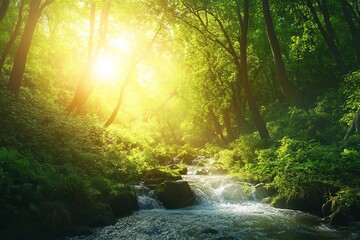 Obraz premium A creative arrangement depicting a dense green woodland with scattered leaves and broken tree limbs