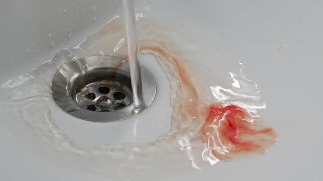 a man with sore teeth and gums brushes his teeth and spits blood into the sink.
Oral hygiene and blood running from the mouth down the ceramic sink into the drain.
Blood, dental, pain, sink, teeth