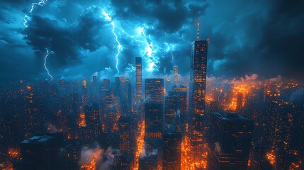 Cityscape during lightning storm