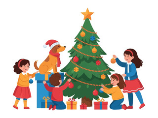Festive Christmas Tree: A group of children, along with a cheerful canine companion, gathers around a vibrantly decorated Christmas tree, exchanging joy during the holiday season.