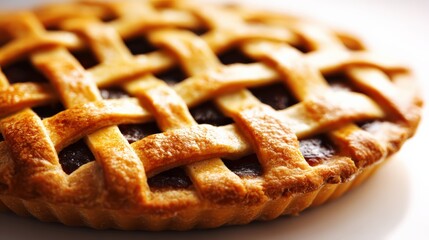 Golden brown lattice top pie with rich filling in close up