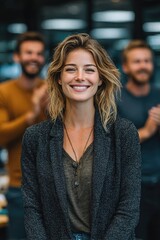 Obraz premium Smiling Woman in Casual Office Setting