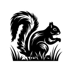 Silhouette of a Squirrel Standing in Grass Holding Food with Fluffy Tail