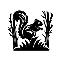 Monochrome image depicts squirrel in forest or woods, a woodland scene