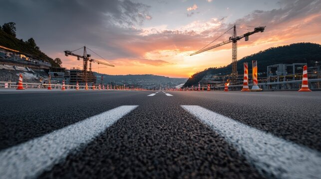 A sweeping vista of a highway under construction in Cape Town, South Africa, at sunset.