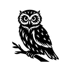 Stylized black and white owl perched on a branch vector illustration