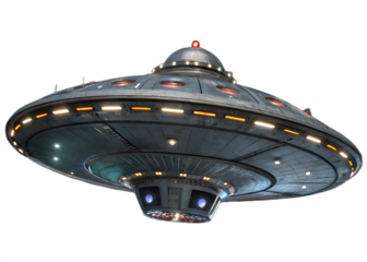 Retro UFO Flying Saucer Concept with Lights and Metal Texture isolated on Black Background Science Fiction and Extraterrestrial Life