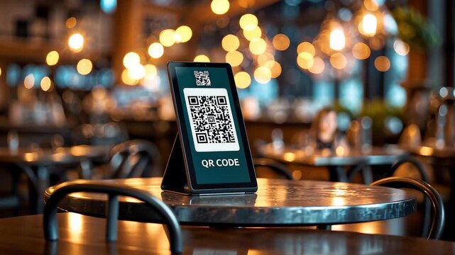 QR code displayed on table in modern restaurant with blurred lights and chairs creating warm evening atmosphere