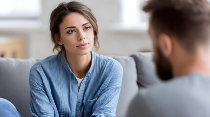 Therapist  calm, attentive therapist listening to a patient (seen from behind), both sitting in a comfortable