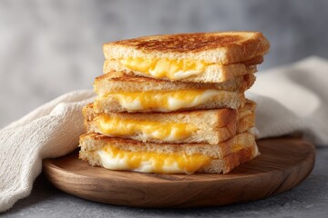 A stack of four golden-brown grilled cheese sandwiches, cut in half, revealing melted cheese, sits on a rustic wooden board