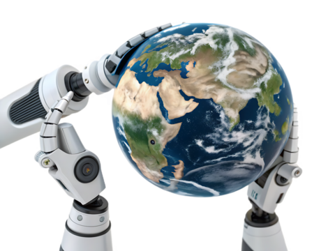 Robot Arm Holding the Earth Globe Symbolizing Technology Innovation and Global Connectivity with Robotic Automation and Artificial Intelligence for Future Solutions
