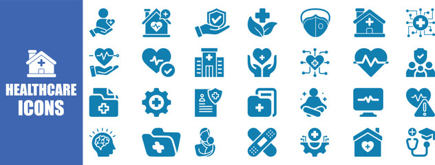 Collection of blue healthcare and medical service icons on a blue icon set.Solid icons vector