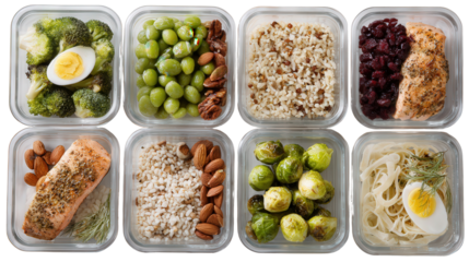 Healthy Meal Prep Containers: A flat lay of healthy meal prep containers with grains, veggies, and proteins, isolated on a Transparent background, PNG file.