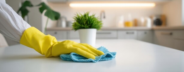 The woman's hand in yellow glove cleaning a kitchen countertop with a cloth.