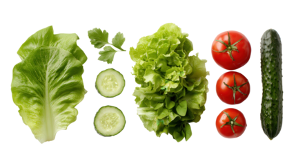 Healthy Salad Ingredients: A flat lay of healthy salad ingredients like lettuce, tomatoes, and cucumbers, isolated on a Transparent background, PNG file.
