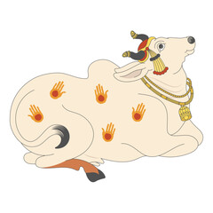 Obraz na płótnie Canvas Sacred Indian Cow Pichwai Mughal Style Illustration with Traditional Ornaments and Hand Motifs