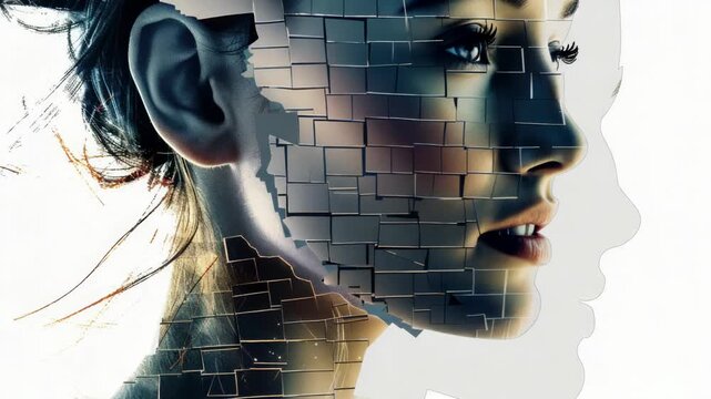 A collage of a woman's face with multiple images, ideal for representing the complexity and depth of a person