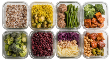 Healthy Vegan Meal Prep: A flat lay of healthy vegan meal prep containers with grains, veggies, and proteins, isolated on a Transparent background, PNG file.