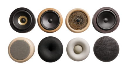 High-End Bluetooth Speakers: A flat lay of high-end Bluetooth speakers with sleek designs, isolated on a Transparent background, PNG file.