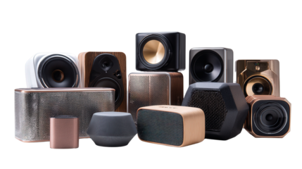 High-End Bluetooth Speakers: A flat lay of high-end Bluetooth speakers with sleek designs, isolated on a Transparent background, PNG file.