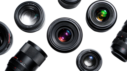 High-End Camera Lens: A flat lay of high-end camera lenses with sleek, professional designs, isolated on a Transparent background, PNG file.