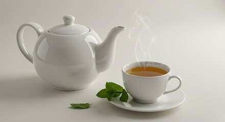 White porcelain teapot with a steaming cup of green tea, fresh mint leaves on the side, light minimalist background.