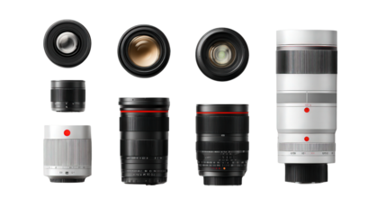 High-End Camera Lenses: A flat lay of high-end camera lenses with sleek and modern designs, isolated on a Transparent background, PNG file.