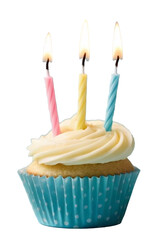 Birthday Cupcake with Three Lit Candles, Isolated Cut Out Transparent Background - PNG