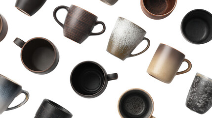 High-End Ceramic Mugs: A flat lay of high-end ceramic mugs with sleek designs, isolated on a Transparent background, PNG file.
