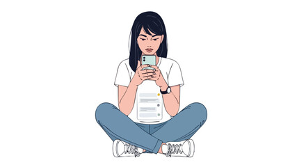 Young woman with smartphone sitting cross-legged on the floor engrossed in messaging with digital device in a minimalist illustration style