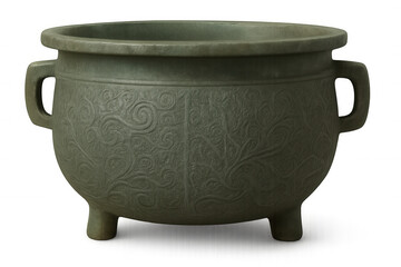 Studio photograph displaying ornate bronze chinese ding vessel, featuring swirling floral patterns, positioned against transparent backdrop