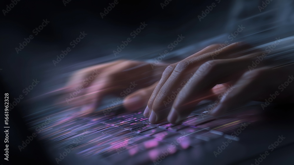 Wall mural 高速で光るキーボードを操作する手 | hands typing quickly on an illuminated keyboard with speed lines