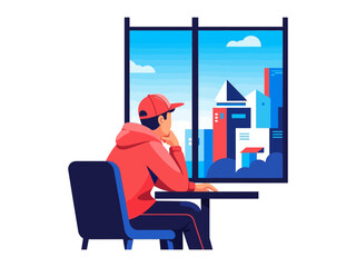 Contemplative View: A person gazes out a window at a vibrant cityscape, lost in thought, embodying introspection.