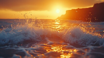Golden hour waves on shoreline