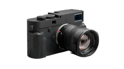 High-End Digital Camera: A flat lay of a high-end digital camera with sleek design and modern features, isolated on a Transparent background, PNG file.