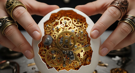Hand Cracking an Egg to Reveal Golden Clockwork Gears