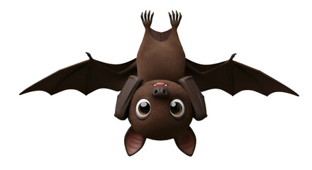 Obraz premium Charming Bat Hanging Upside Down: An adorable cartoon bat with big, endearing eyes, dark wings, and a happy expression, poses upside down in a whimsical and playful scene.