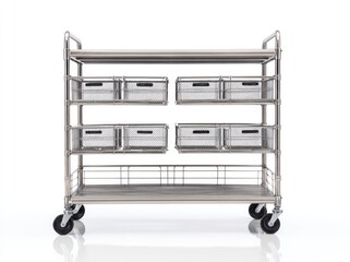 A stainless steel utility cart with three shelves, each holding several wire mesh storage bins, stands on four wheels against a white background